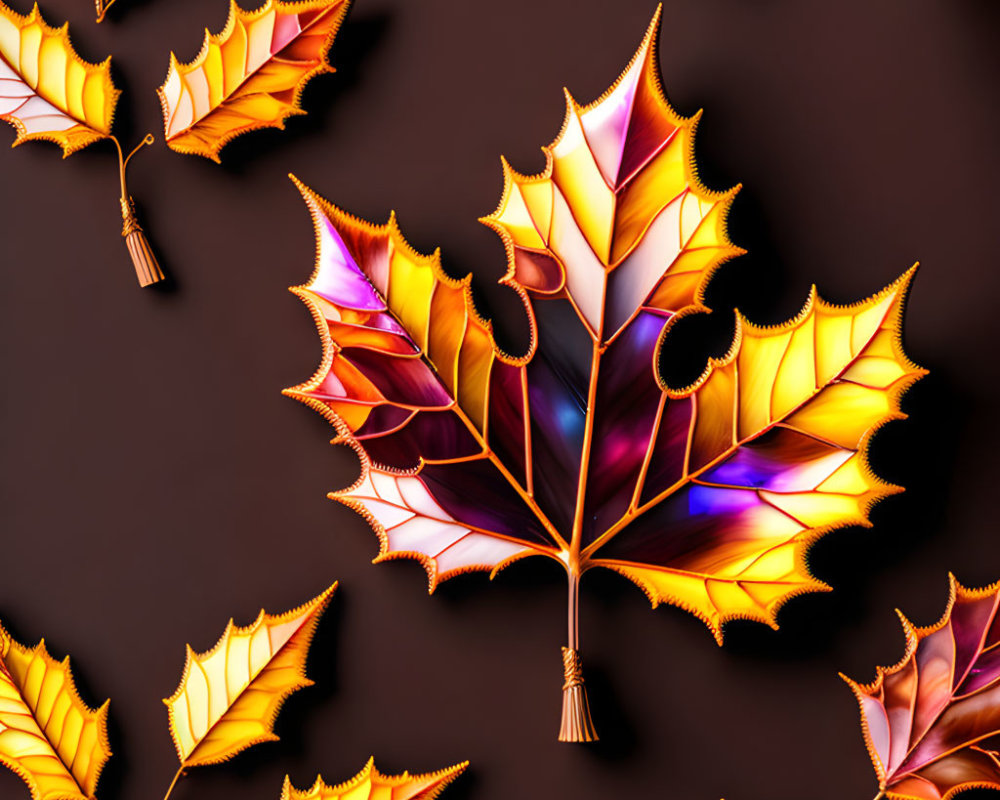 Bright orange and yellow autumn leaves on dark background - vibrant fall colors!