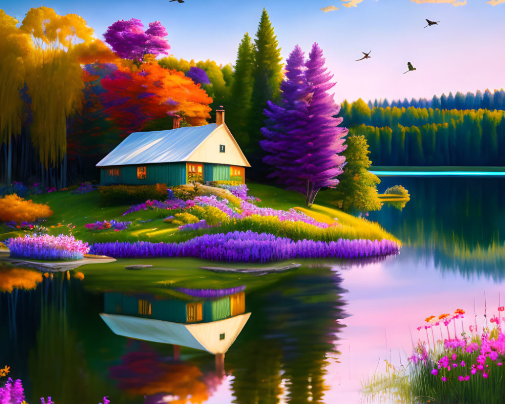 Colorful Cottage by Lake with Birds and Flowers