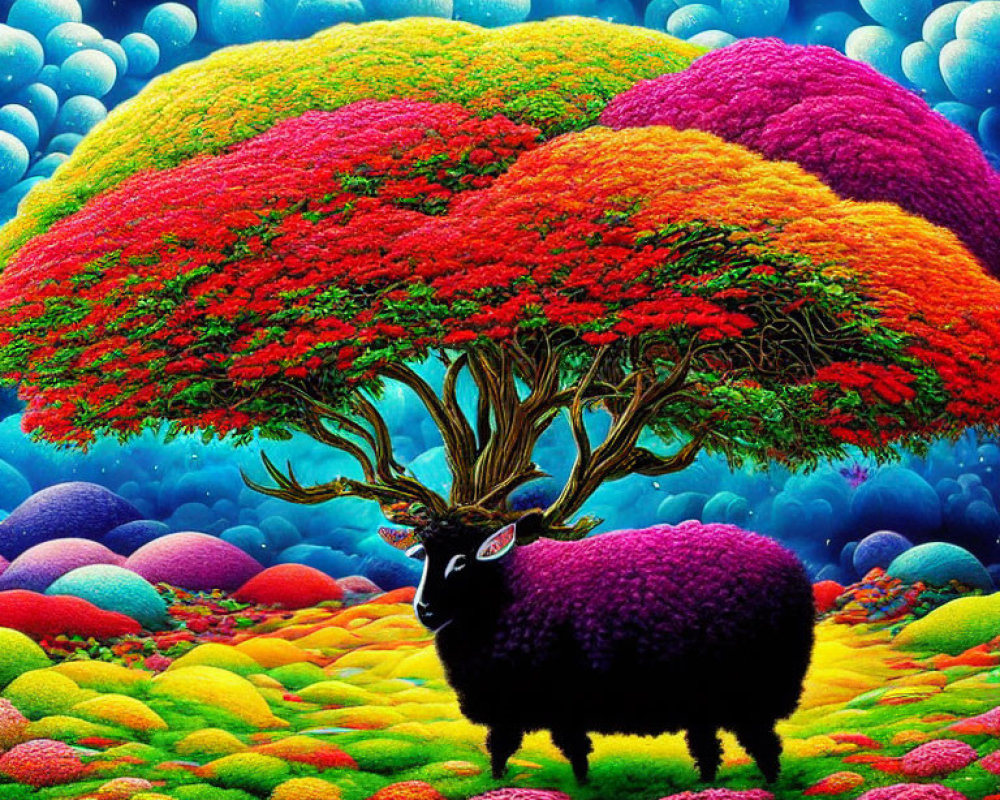 Colorful illustration: Purple sheep with antlers under tree, orbs, hills