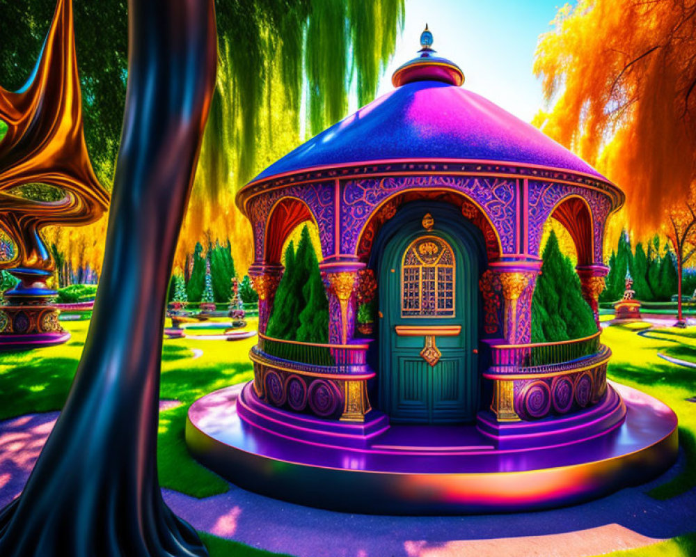 Colorful Whimsical Gazebo in Fantastical Garden Scene