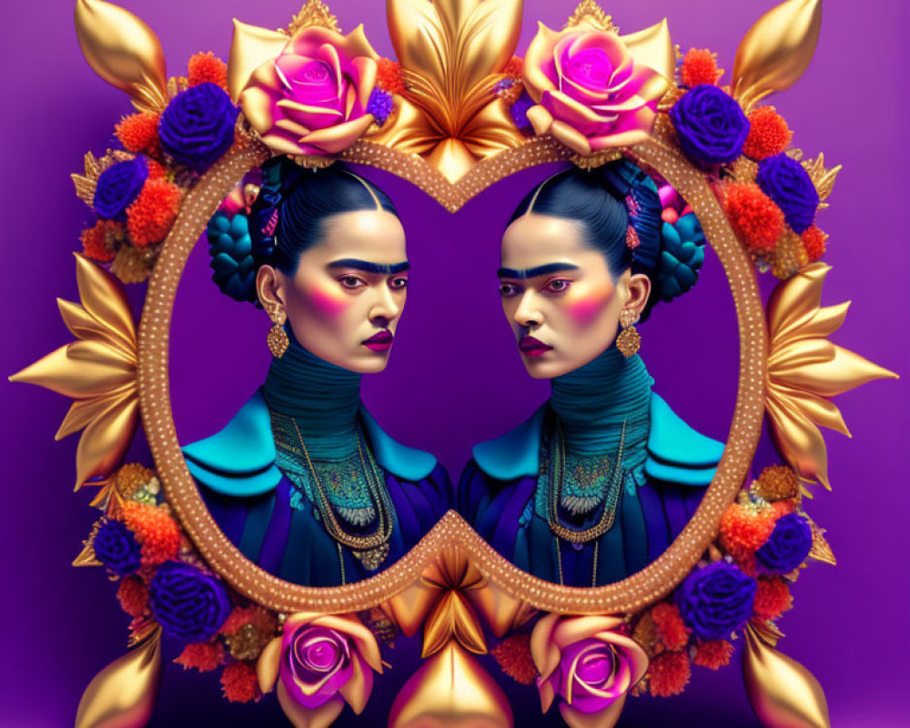 Symmetrical Woman Portraits in Floral Frame on Purple Background