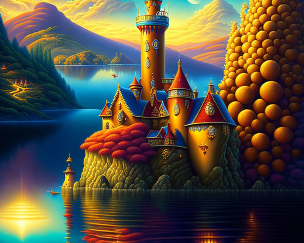 Fantasy castle with ornate towers by lake, lush hills, setting sun, crescent moon,