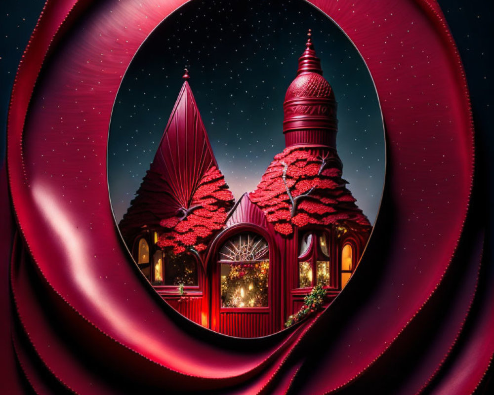 Whimsical red buildings in surreal spiral frame under starry night sky