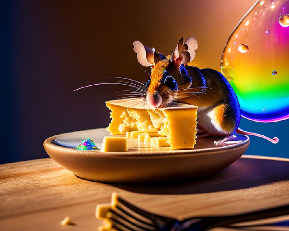 Digital art: Mouse with large ears eating Swiss cheese on plate with fork and bubble