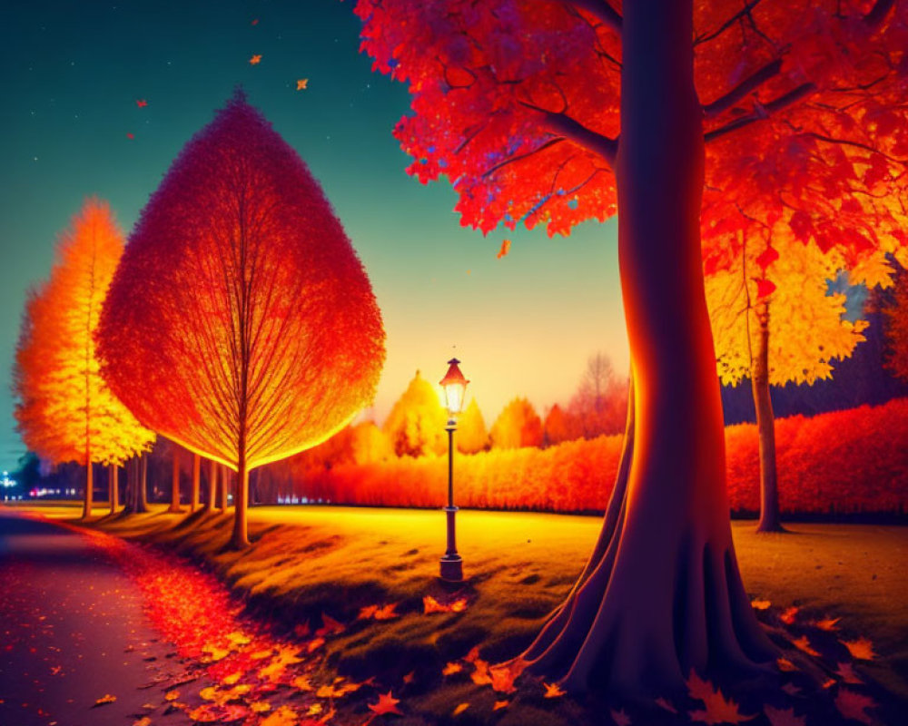 Fiery Foliage and Streetlights Illuminate Autumn Twilight