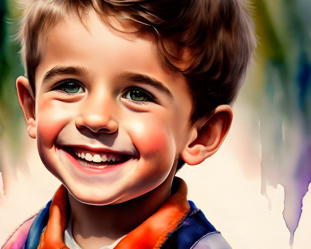 Smiling young boy with curly hair in colorful shirt