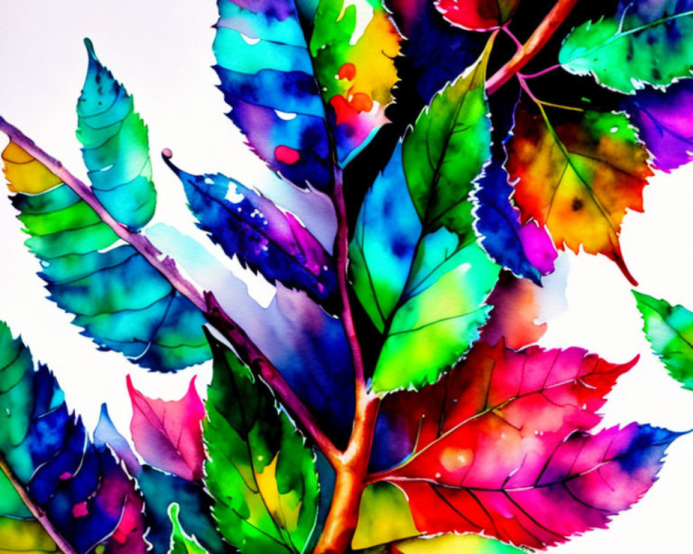 Colorful Watercolor Painting of Vibrant Leaves in Blue, Purple, Green, Yellow, and Red