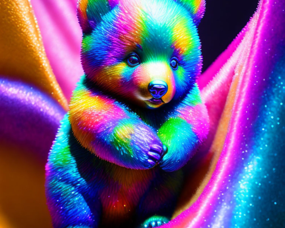 Colorful Bear with Iridescent Fur Against Luminous Background