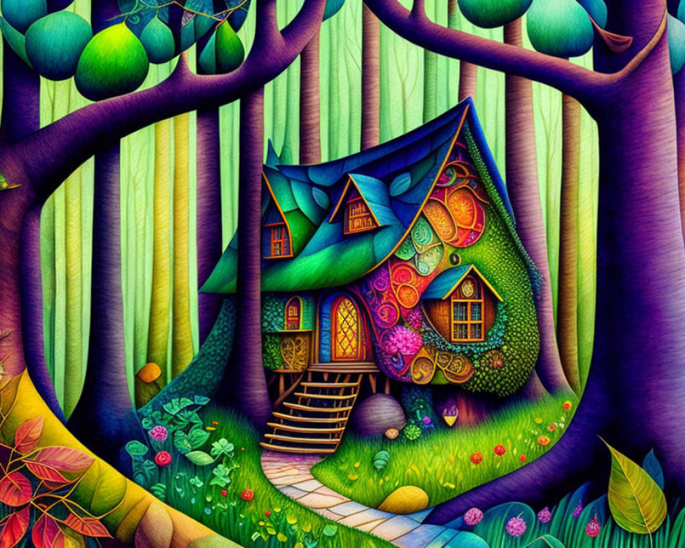 Vibrant stylized forest scene with treehouse and lush foliage