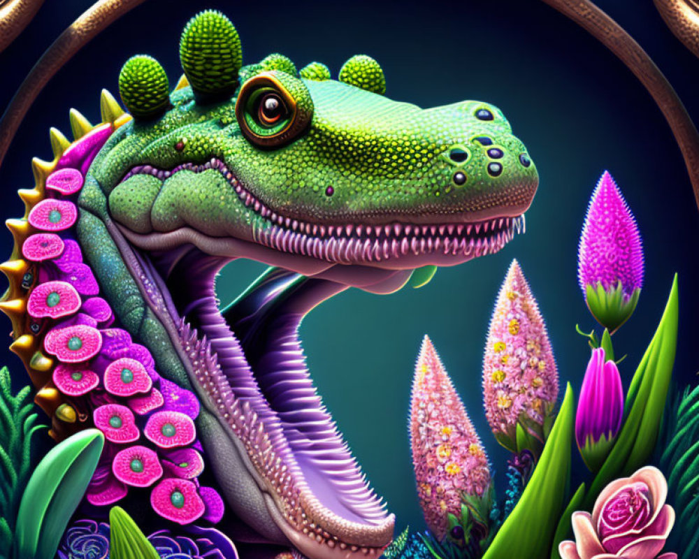 Colorful illustration of green reptilian creature with floral adornments on dark background.