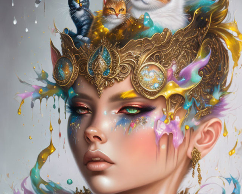 Colorful melting makeup woman with golden headdress and cat eyes on grey backdrop