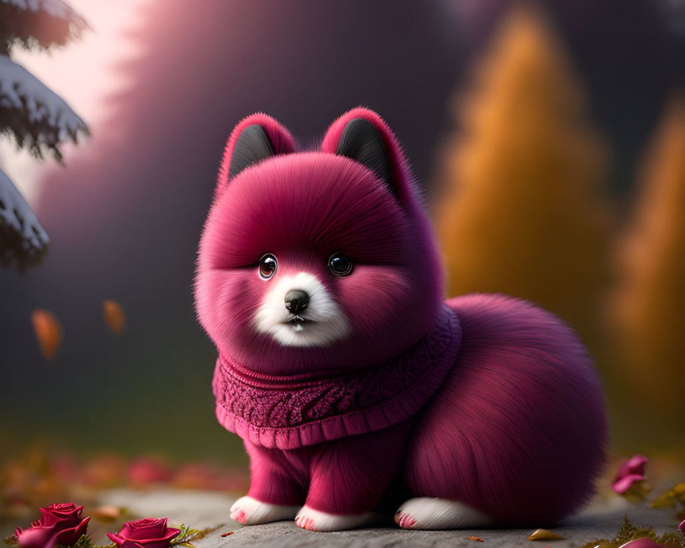 Fluffy red Pomeranian dog in scarf among leaves and petals with forest background