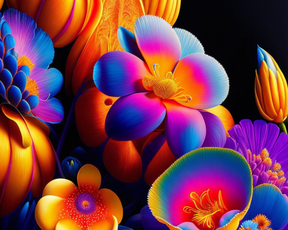 Colorful digital painting: stylized flowers, neon gradients, intricate patterns on dark background