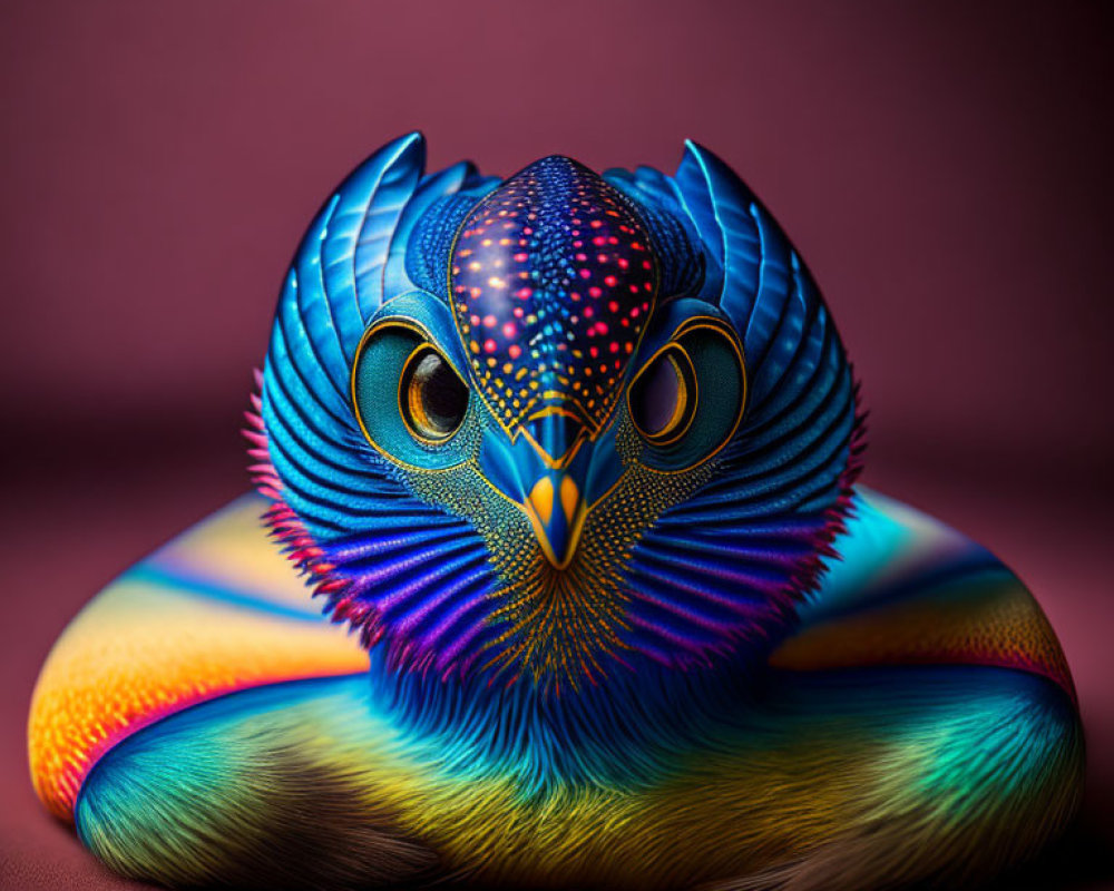 Vibrant owl art with intricate patterns in blue, orange, and yellow