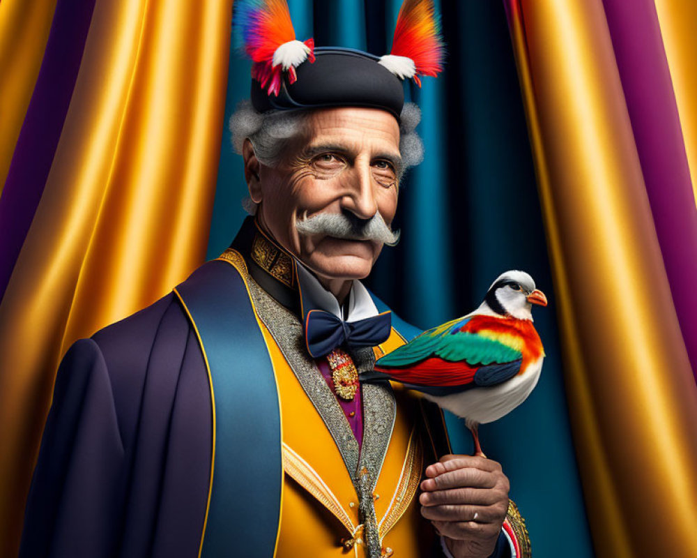 Colorful ceremonial uniform man holding vibrant bird against draped curtains