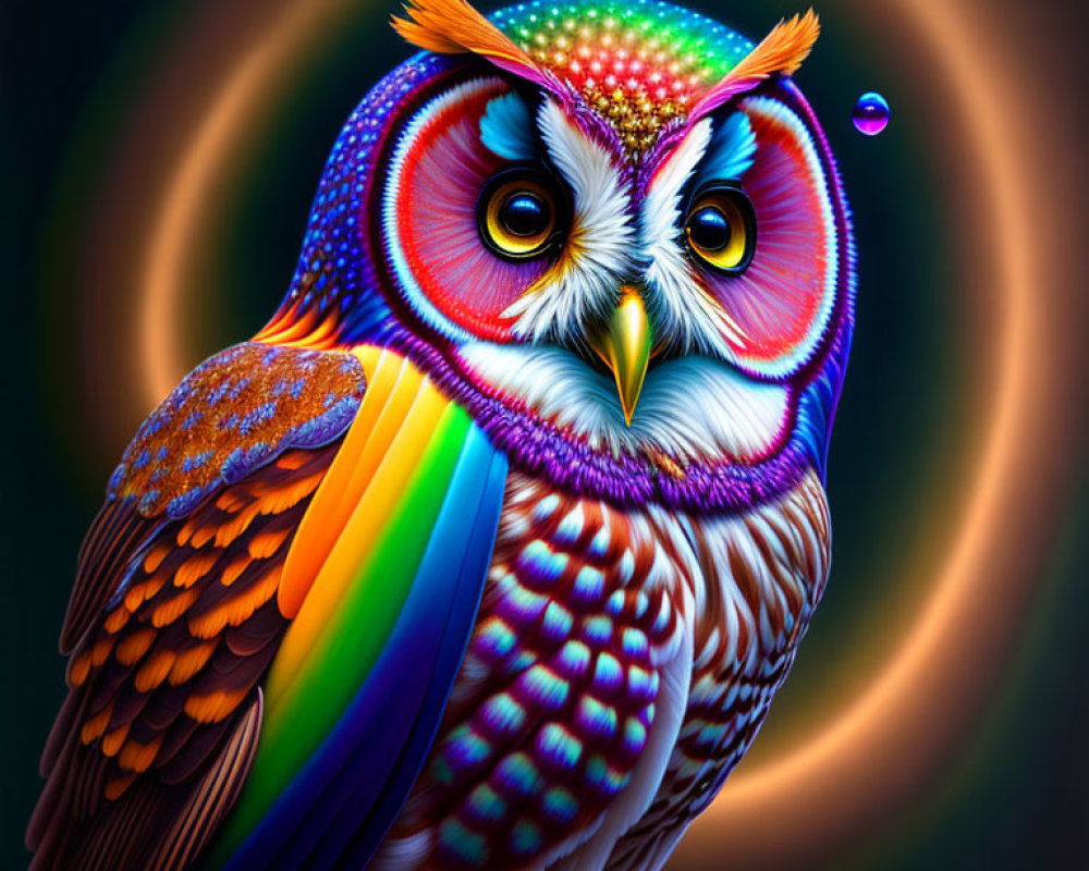 Colorful Owl Illustration with Rainbow Feathers and Hypnotic Aura