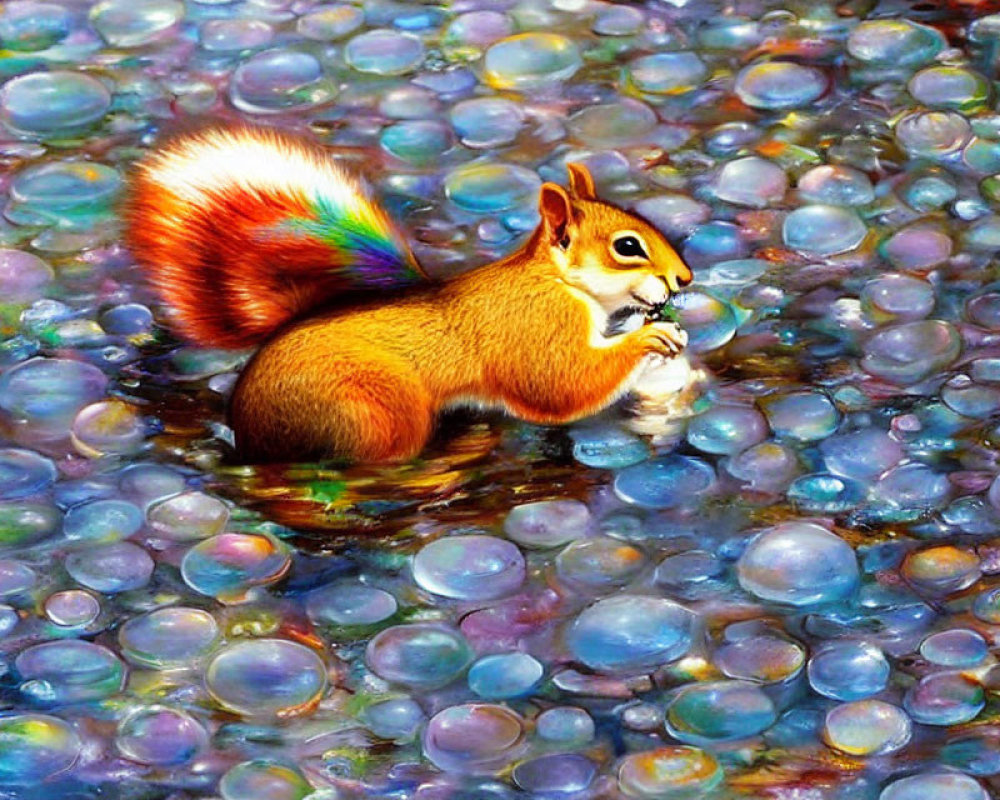 Colorful Squirrel on Rainbow Marbled Orbs Eating - Description