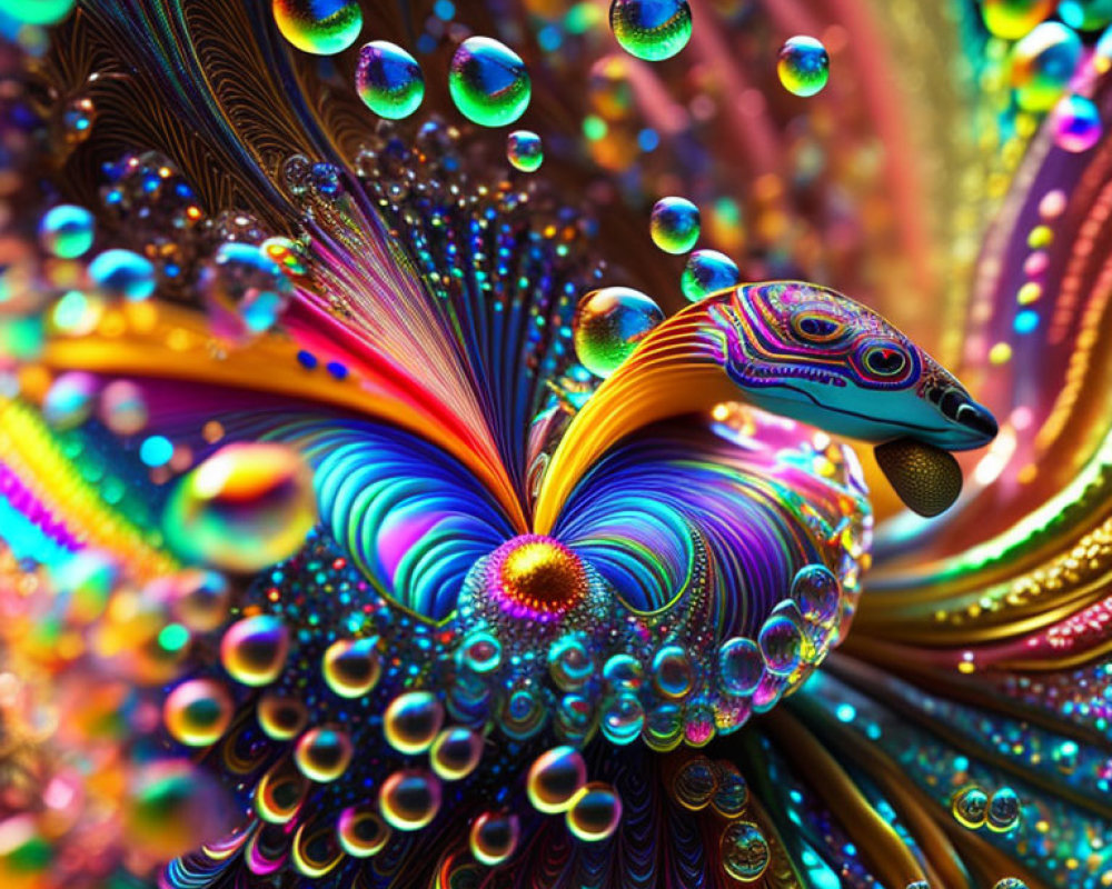 Colorful digital artwork: Peacock-like figure with intricate feather patterns and iridescent bubbles