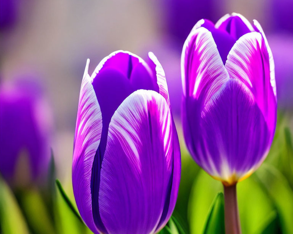 Vibrant purple tulips with white stripes in soft sunlight against blurred background