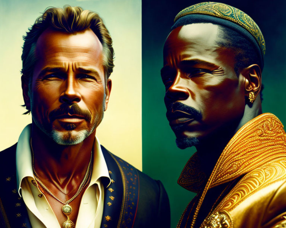 Stylized male portraits: one with stubble, western attire; the other with goatee,