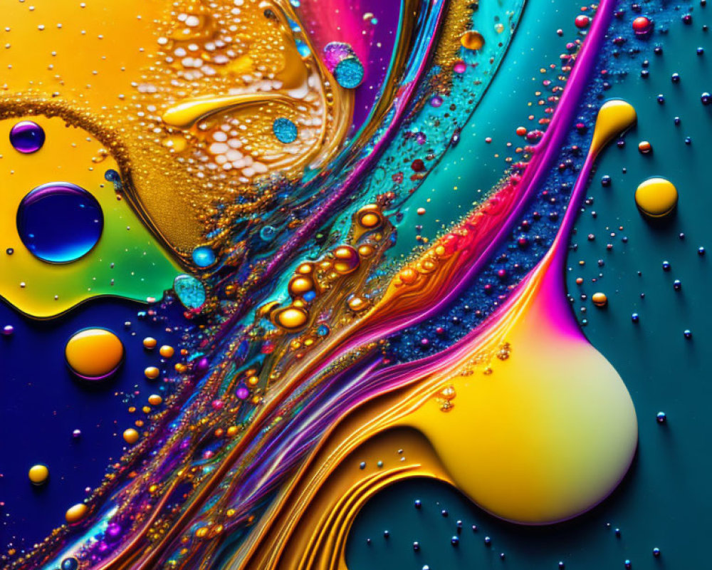 Colorful Liquid Close-Up with Swirling Patterns and Droplets in Blues, Greens, Yellows