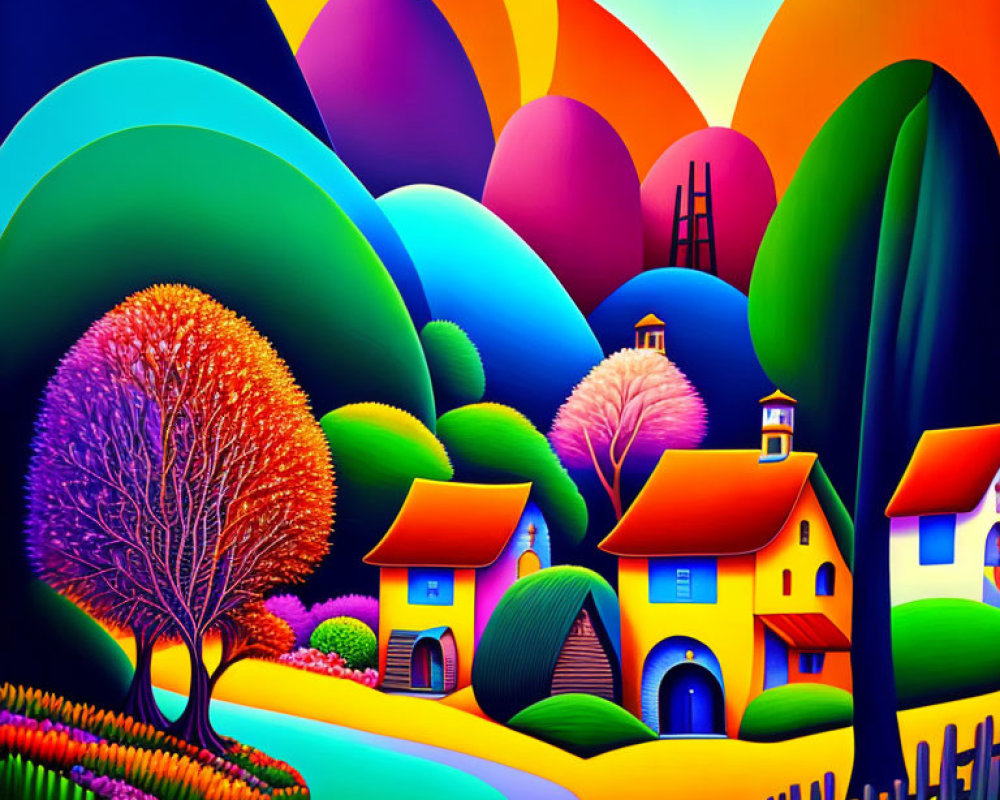 Colorful landscape with whimsical hills, red tree, stylized houses, and path under multi-h