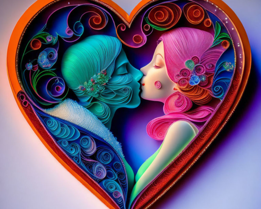 Stylized 3D heart illustration with man and woman profiles in intricate floral patterns