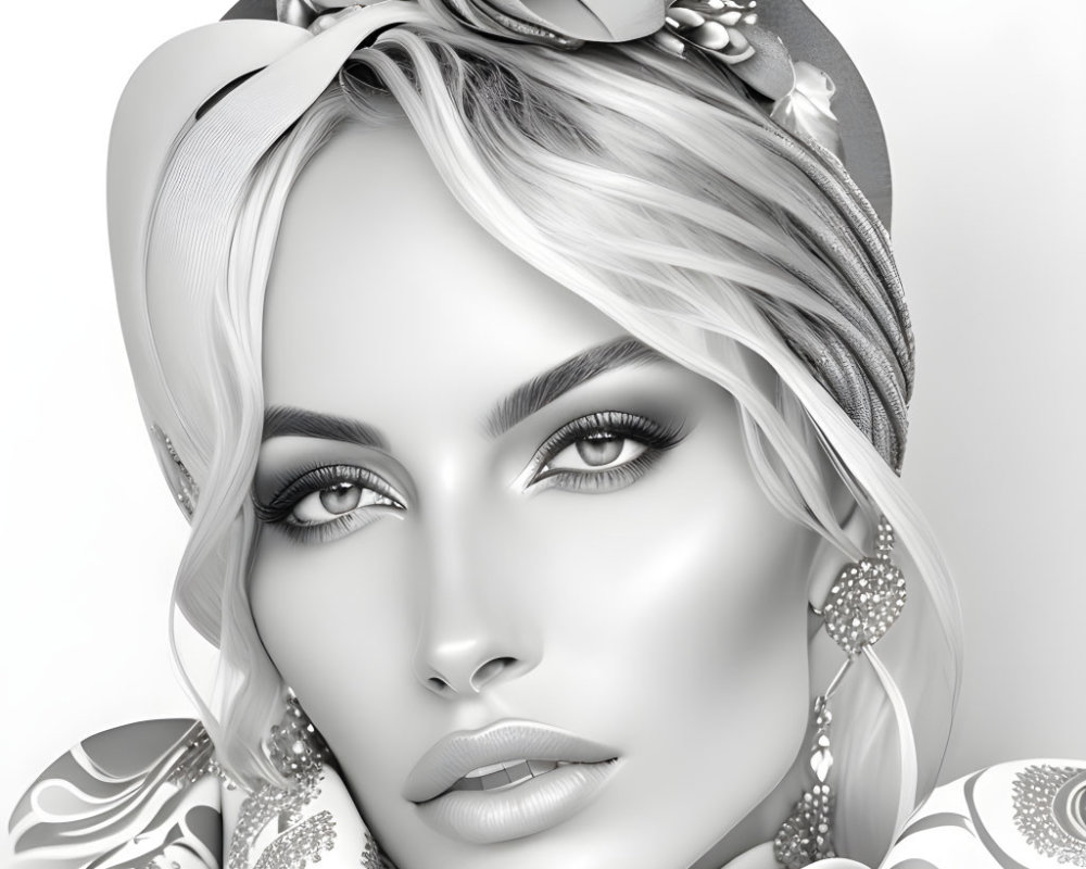 Monochromatic portrait of a woman with floral headscarf and intricate earrings