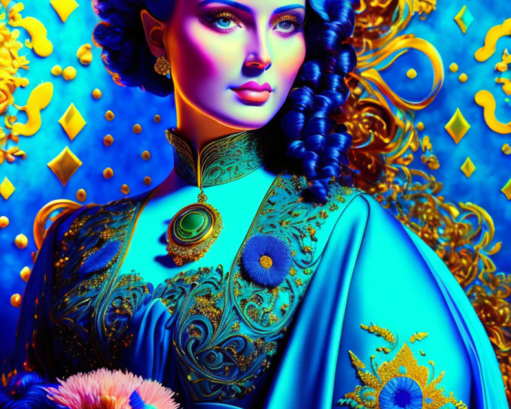 Blue-skinned woman in ornate dress and jewelry on decorative background