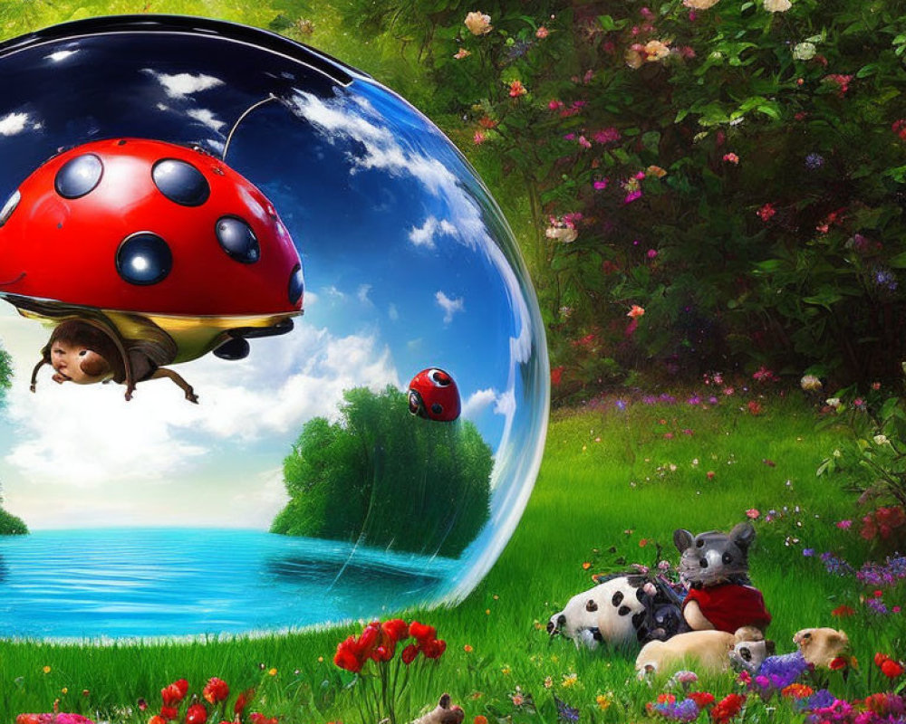 Colorful fantasy scene with puppies, child on ladybug, koala, lush greenery, flowers