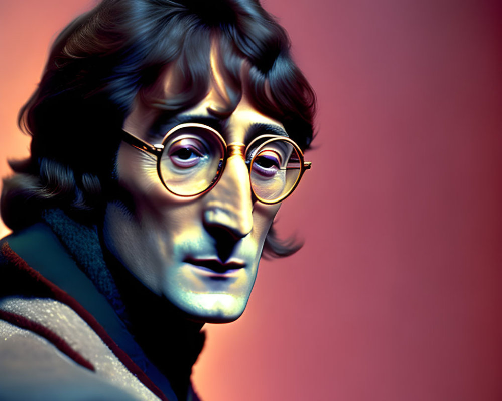 Illustrated portrait of a man with wavy hair and round glasses on gradient backdrop