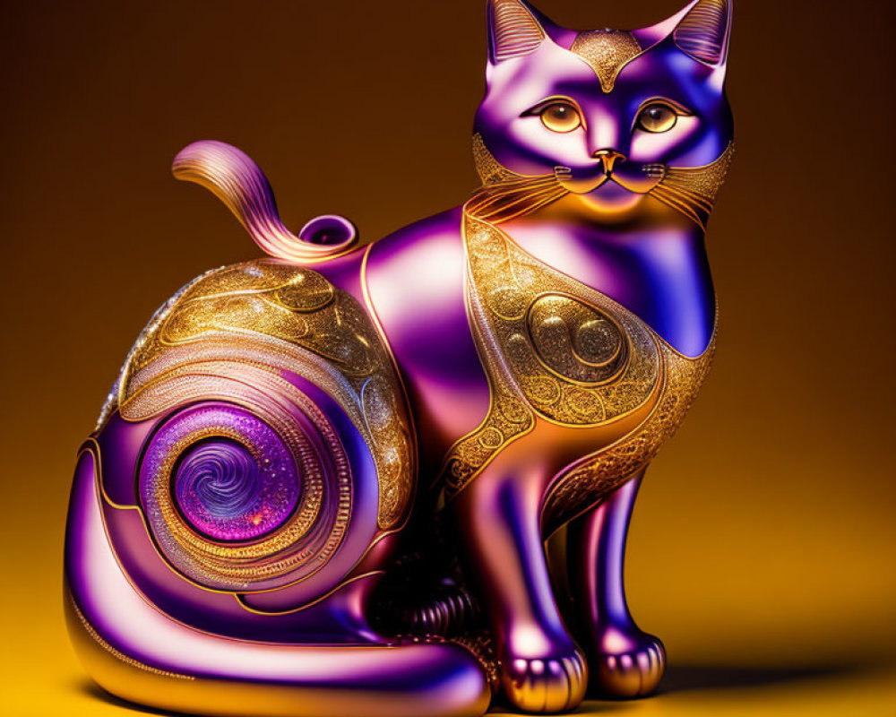 Intricate Metallic Cat Sculpture with Spiral Motif on Golden Background