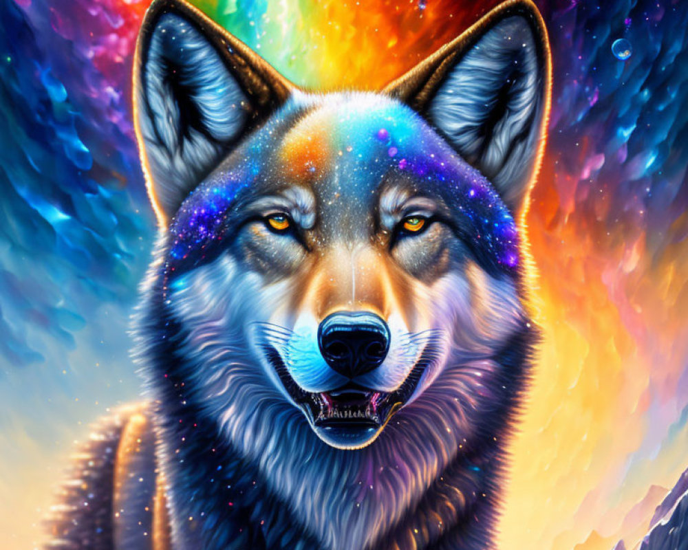 Colorful cosmic wolf art with mystical theme