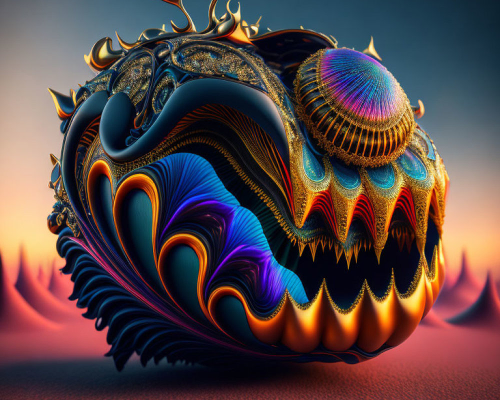 Colorful 3D fractal art with intricate patterns on desert backdrop