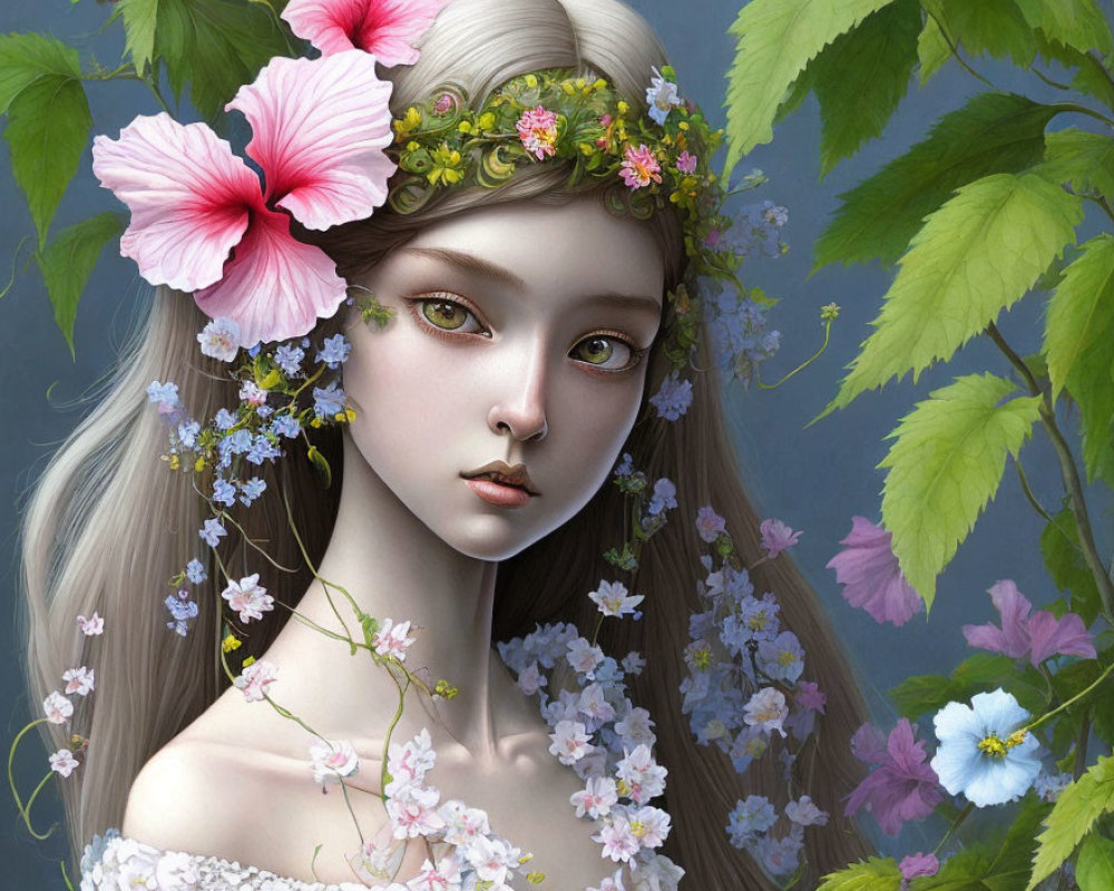 Digital painting of woman with pale skin in floral headpiece among lush green leaves and pink blossoms