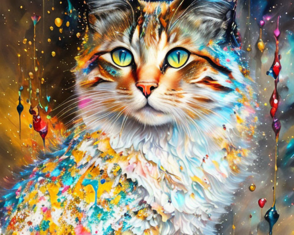 Colorful Cat Painting with Intense Eyes and Bright Hues