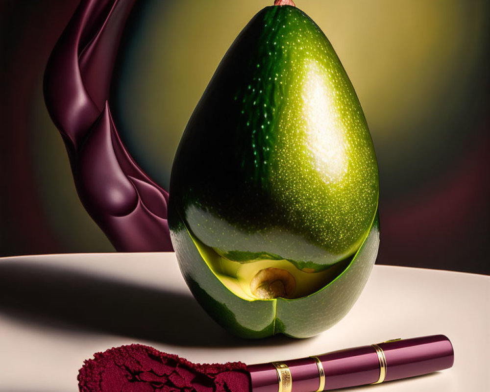 Hyperrealistic Avocado with Lipstick Smudge on Soft-Lit Surface