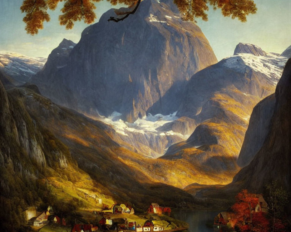 Scenic village with mountains, glacier, and autumn foliage