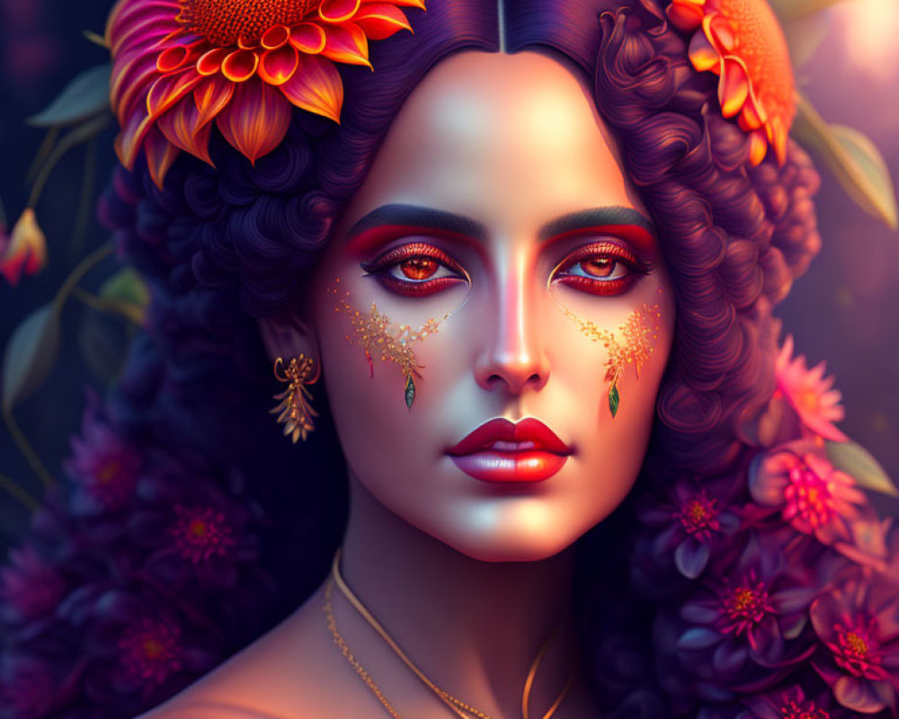 Digital illustration: Woman with floral hair decorations, colorful makeup, and jeweled adornments exuding mystical