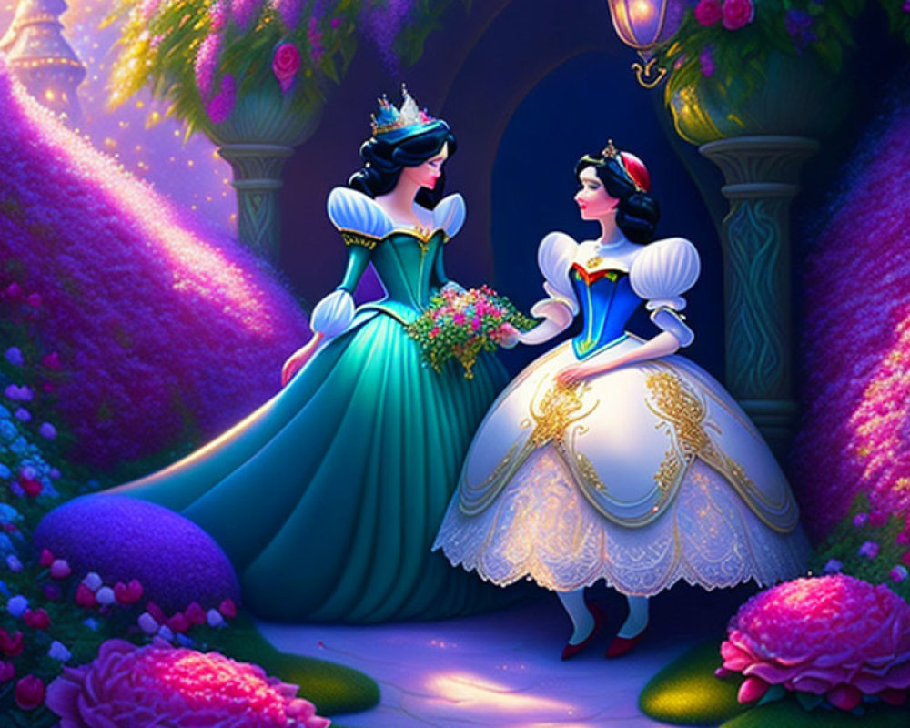 Two animated princesses in vibrant garden setting with lanterns and flowering arches.