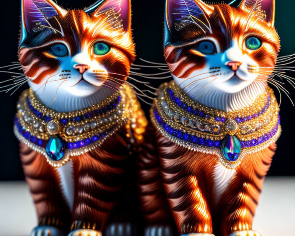 Ornately Decorated Orange-Striped Cats with Blue Eyes and Jeweled Collars on Dark