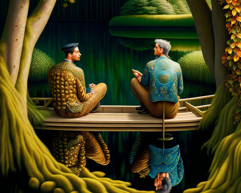 Fantastical forest scene with individuals in ornate garments on a bridge