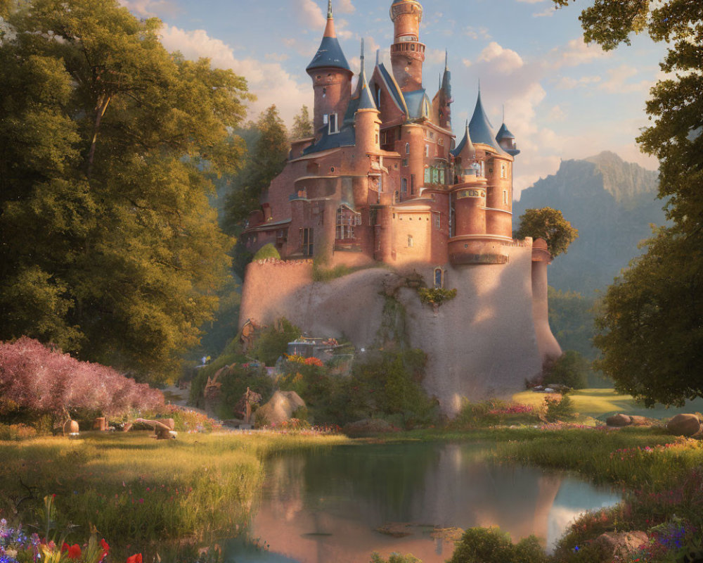 Fairy-tale castle with spires in lush setting by pond