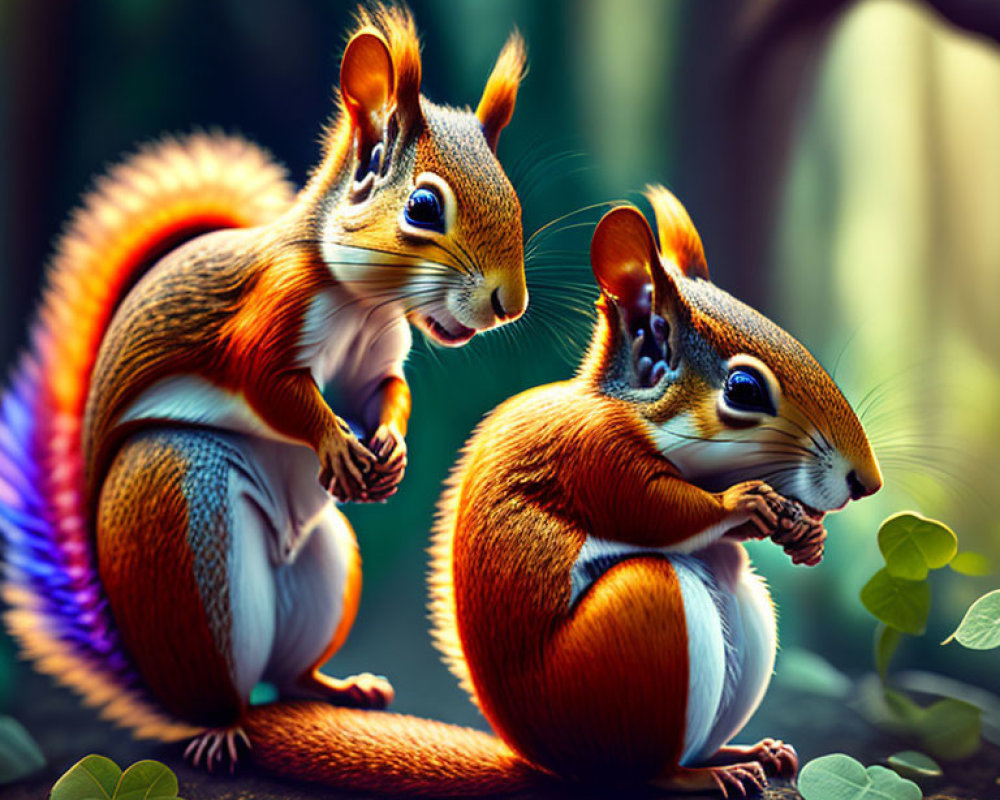 Colorful Forest Scene: Two Vibrant Squirrels with Bushy Tails Whispering Among Green