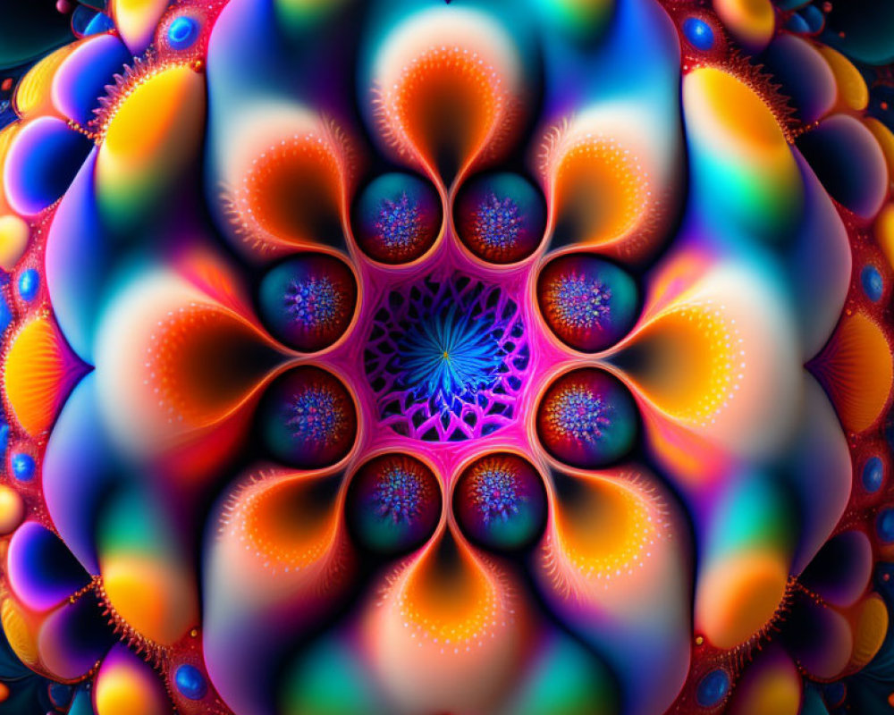 Colorful Symmetrical Fractal Image with Radiating Petal-Shaped Patterns