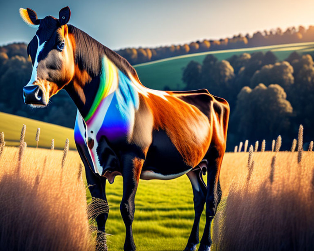 Colorful cow in golden field at sunset with rolling hills