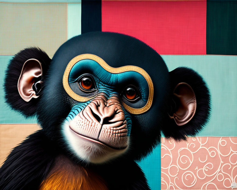 Vibrant digital illustration of a young monkey with blue and orange features