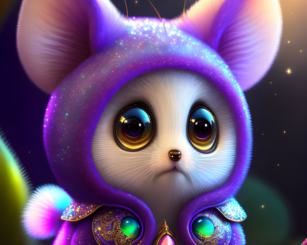 Illustration of Sparkling Creature in Purple Hood with Jewels