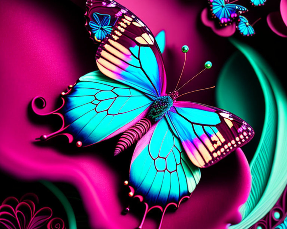 Colorful Digital Artwork: Neon-Blue Butterfly on Floral Background