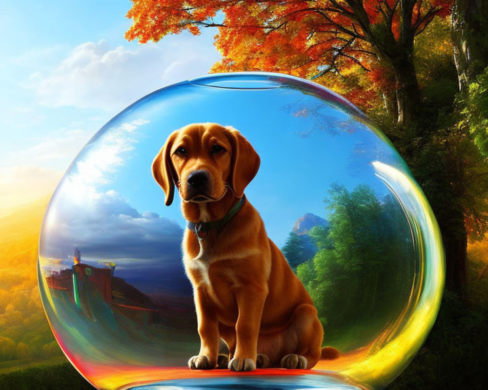 Adorable puppy in colorful landscape within transparent sphere